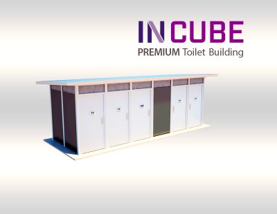 Incube Premium Toilet Buildings have the option to use a vibrant colour scheme for the aluminium wall panels.